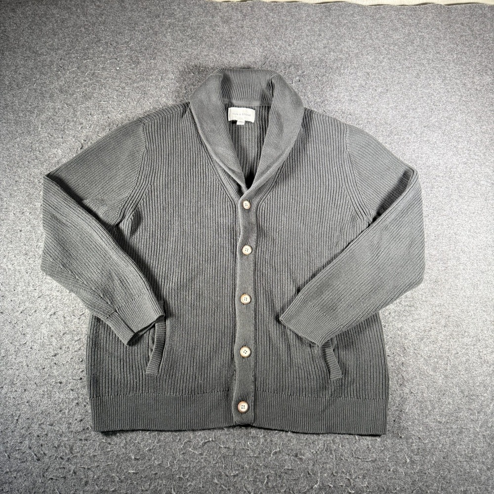 Sun + Stone Mens XL Gray Ribbed Shawl Collar Button Front Cotton Cardigan